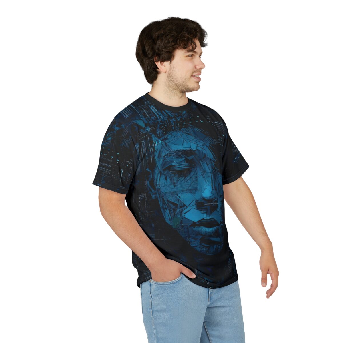 Black t-shirt features a digitally rendered abstract blue face with fragmented details and circuit board patterns.