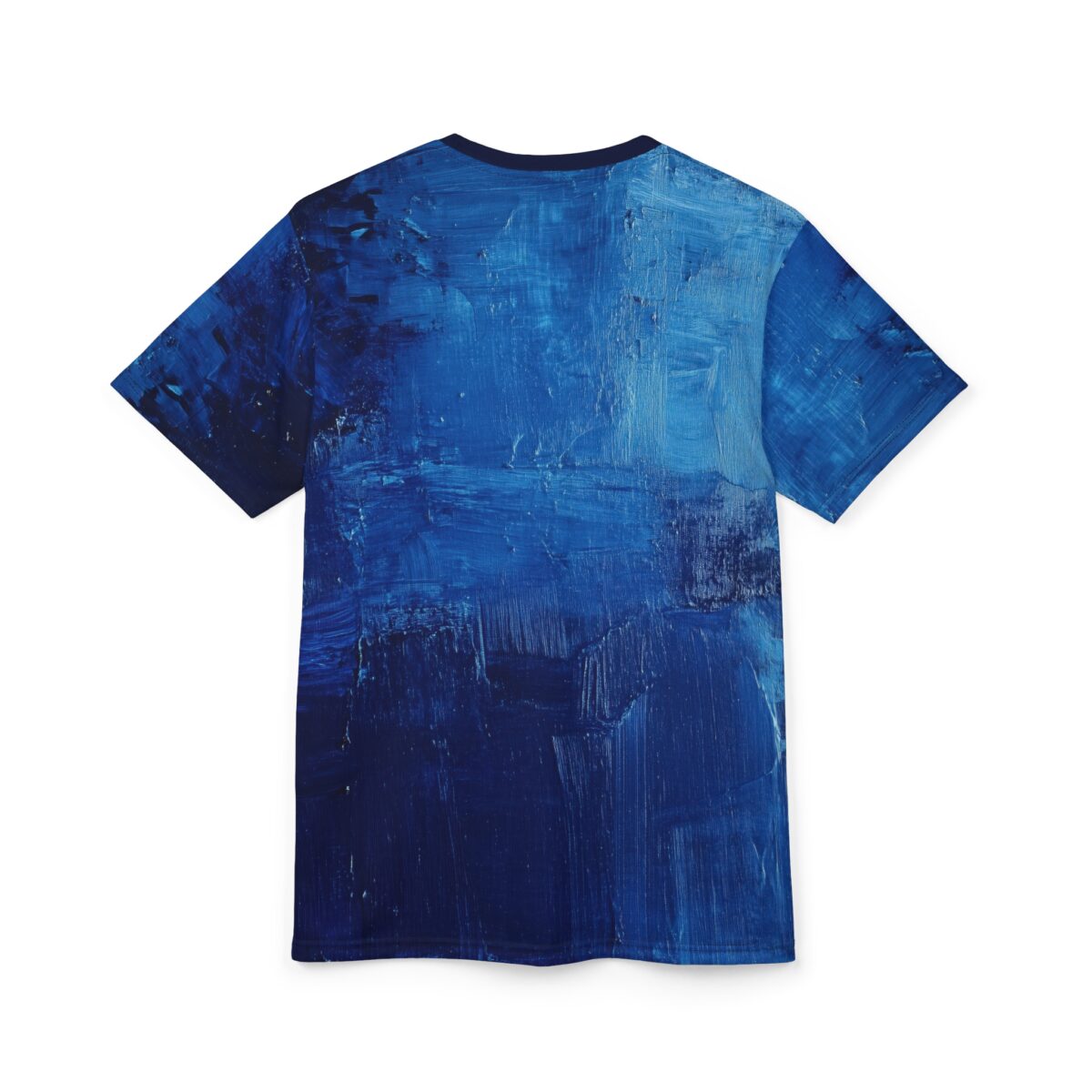 Deep and varied blues with textured brushstrokes cover this 3D graphic t-shirt, depicting an abstract ocean scene.