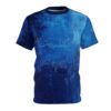 Rich blues and textured brushstrokes cover this patterned tee shirt, evoking a deep ocean or abstract art.