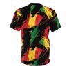 Bold red, yellow, and green brush strokes cover this full print shirt, with black accents creating a dynamic, abstract pattern.