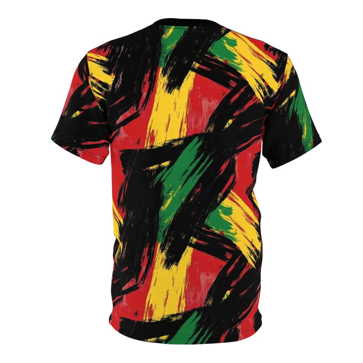 Bold red, yellow, and green brush strokes cover this full print shirt, with black accents creating a dynamic, abstract pattern.
