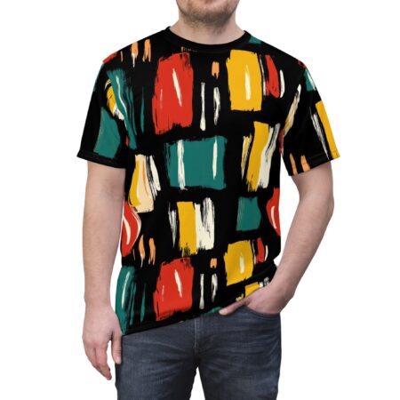 Bold red, yellow, teal, and white abstract brushstrokes on a black background cover this sublimation graphic tee, creating a dynamic, modern art feel.
