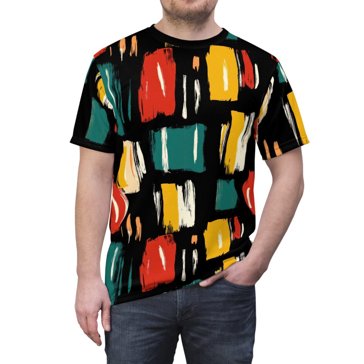Bold red, yellow, teal, and white abstract brushstrokes on a black background cover this sublimation graphic tee, creating a dynamic, modern art feel.