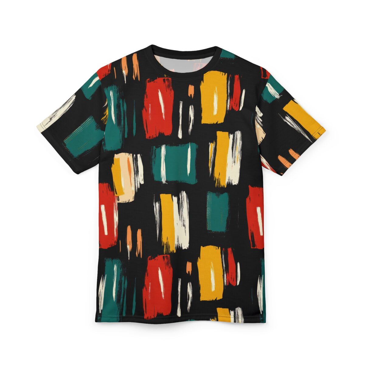 Bold red, yellow, teal, orange, and white abstract brushstrokes cover this patterned tee shirt, creating a dynamic, modern look on a black background.