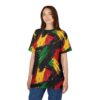 Bold red, yellow, and green brush strokes overlay a black background on this graphic streetwear tee, creating a vibrant Rasta-inspired pattern.