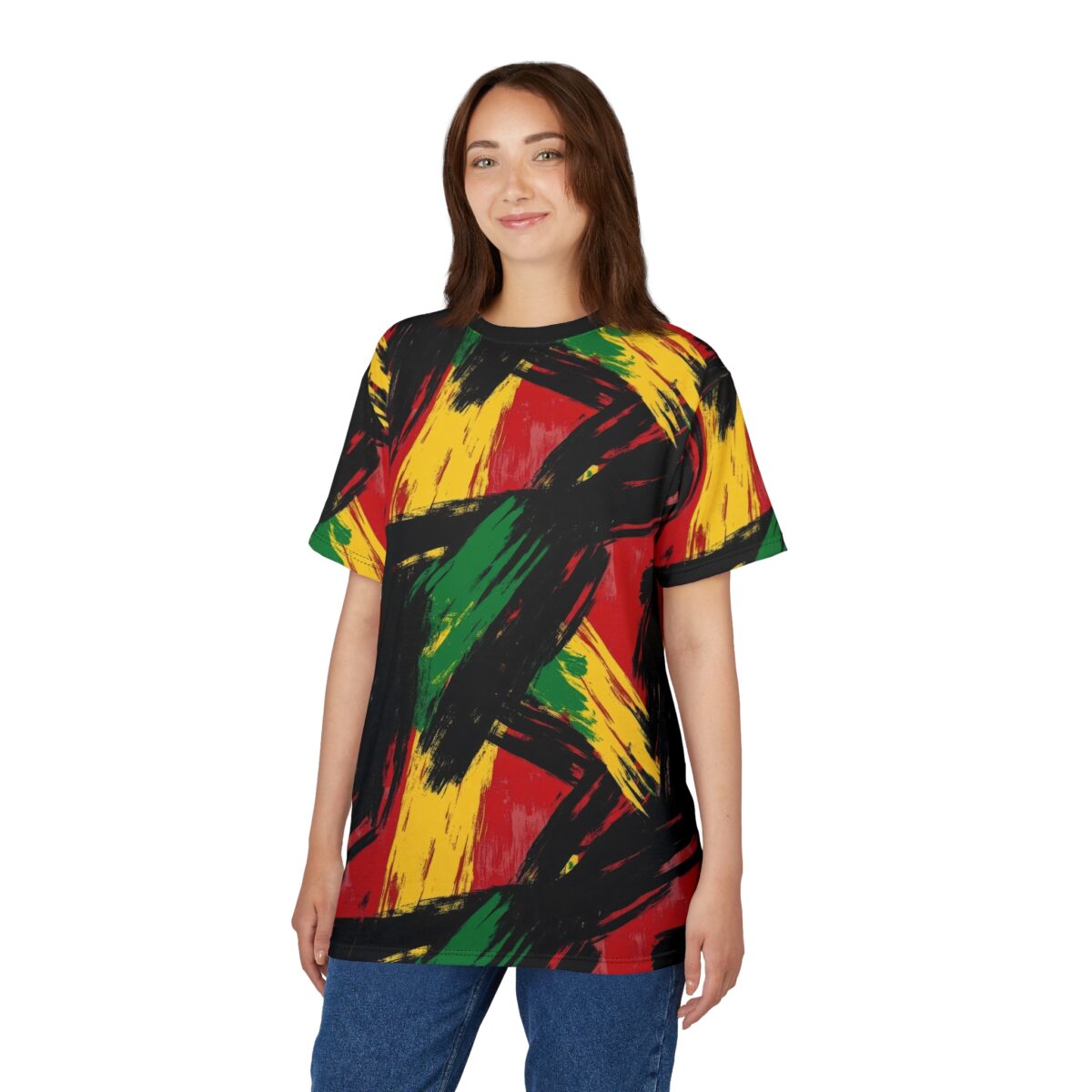 Bold red, yellow, and green brush strokes overlay a black background on this graphic streetwear tee, creating a vibrant Rasta-inspired pattern.