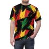 Black t-shirt with an abstract pattern of red, yellow, and green brushstrokes.