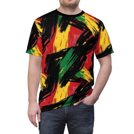 Black t-shirt with an abstract pattern of red, yellow, and green brushstrokes.