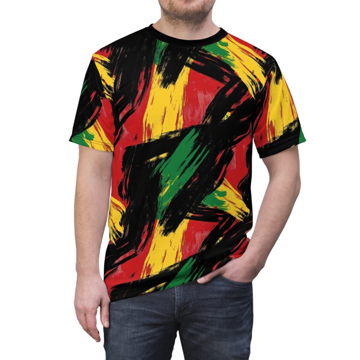 Black t-shirt with an abstract pattern of red, yellow, and green brushstrokes.