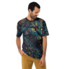 Teal, gold, and pink floral patterns cover this graphic streetwear tee, showcasing a cat's face with striking yellow eyes.