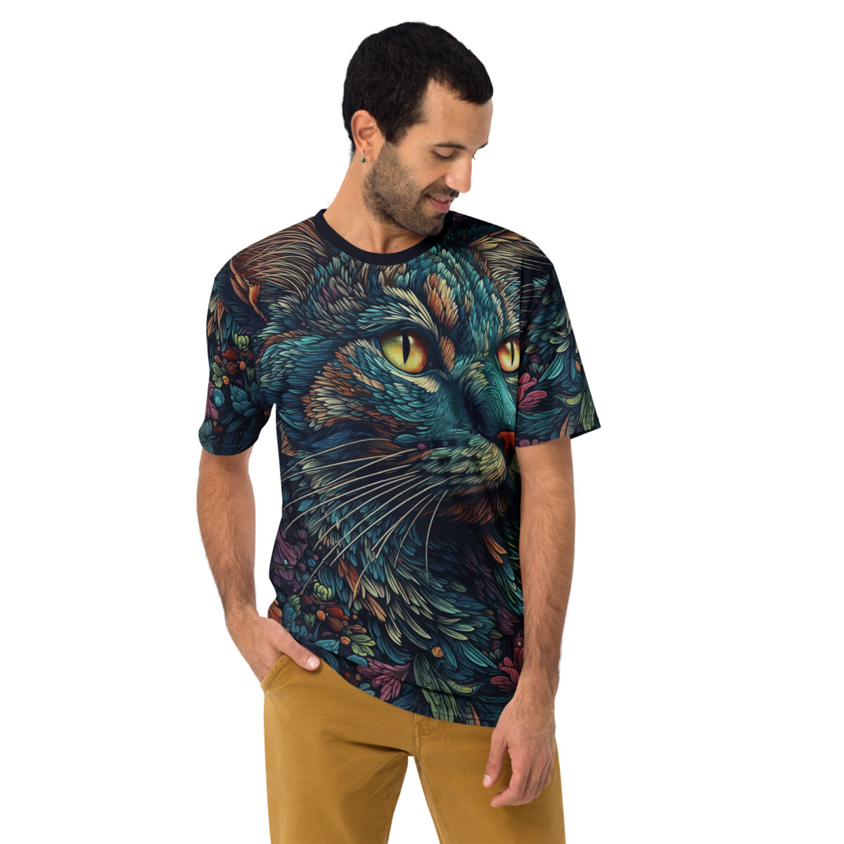 Teal, gold, and pink floral patterns cover this graphic streetwear tee, showcasing a cat's face with striking yellow eyes.