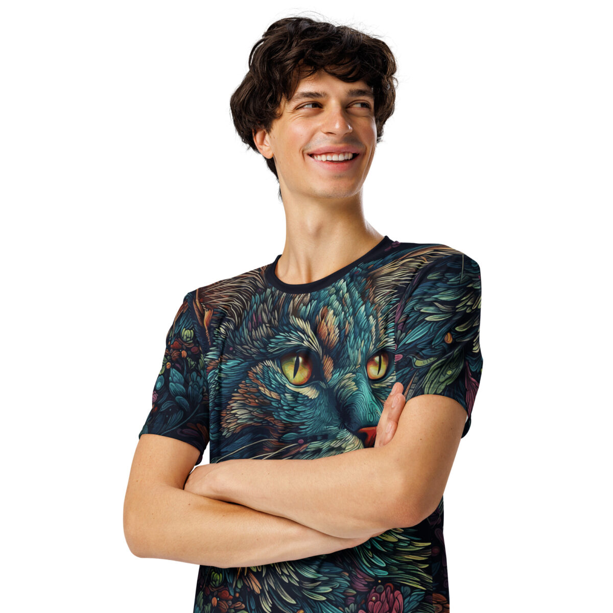 Vibrant teal, gold, and rust-colored brushstrokes form a detailed feline face surrounded by dark foliage on this graphic streetwear tee.