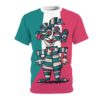 A t-shirt with a bold, colorful abstract illustration of a character. The background of the t-shirt is divided vertically into three sections: teal on the left, white in the middle, and pink on the right, with a large pink triangle pointing upwards from the bottom.