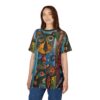 Bold lines, swirling patterns, and abstract shapes in blues, yellows, reds, and greens cover this full print shirt, featuring a vibrant, stylized dog portrait at its center.