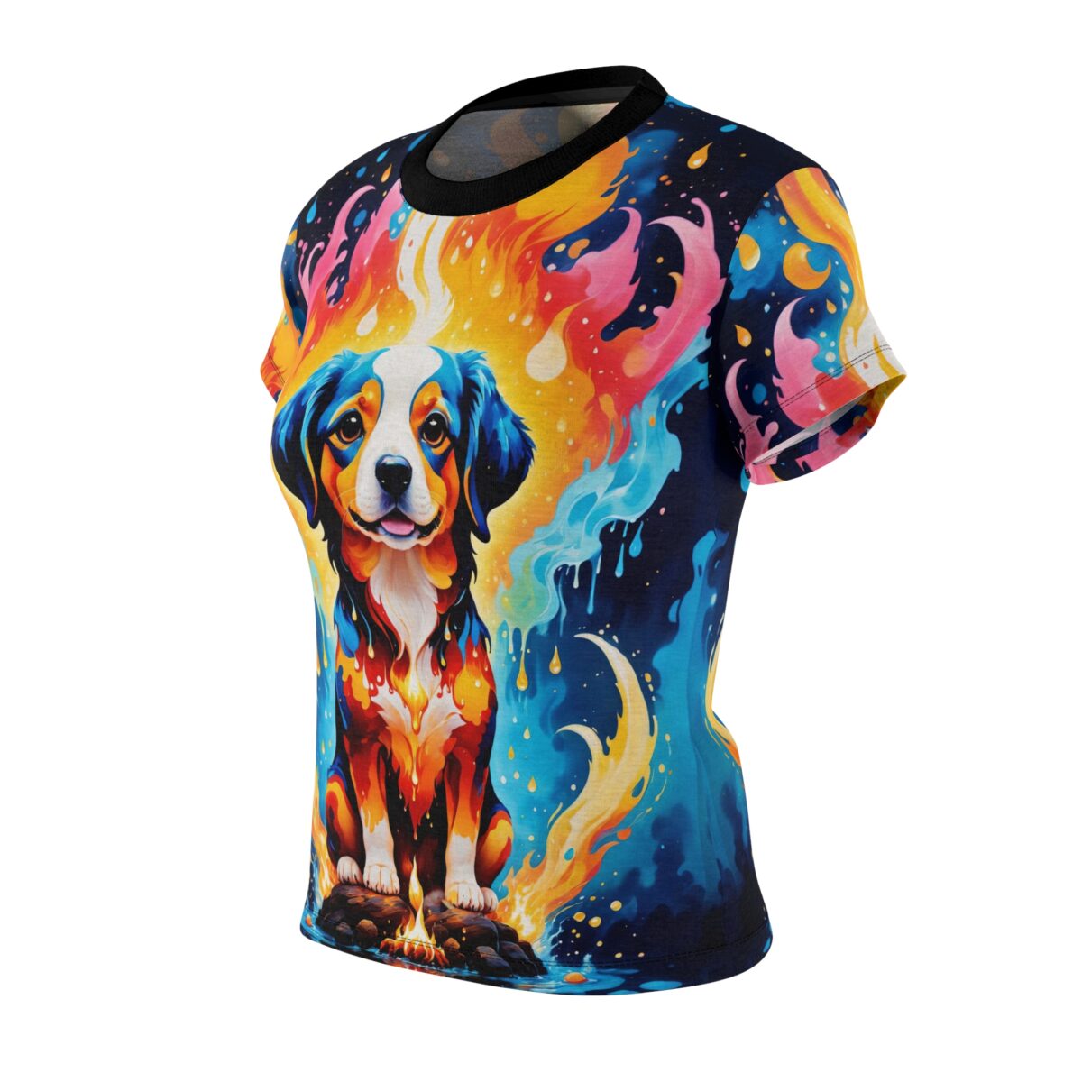 All over print sublimation tee, vibrant abstract dog graphic, blue ears, yellow, red, pink, cosmic background, seamless wrap around design.
