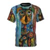 A t-shirt with a colorful, abstract, cubist-style painting of a dog's face as the central design. The dog has large, expressive blue eyes, a black nose, and yellow and brown markings. The background of the t-shirt features a vibrant and intricate pattern with swirls, dots, and floral elements in shades of blue, green, red, and yellow.