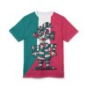 A t-shirt with a vertical stripe design in teal, white, and pink, featuring a stylized, colorful abstract figure in the center.
