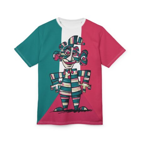 A t-shirt with a vertical stripe design in teal, white, and pink, featuring a stylized, colorful abstract figure in the center.