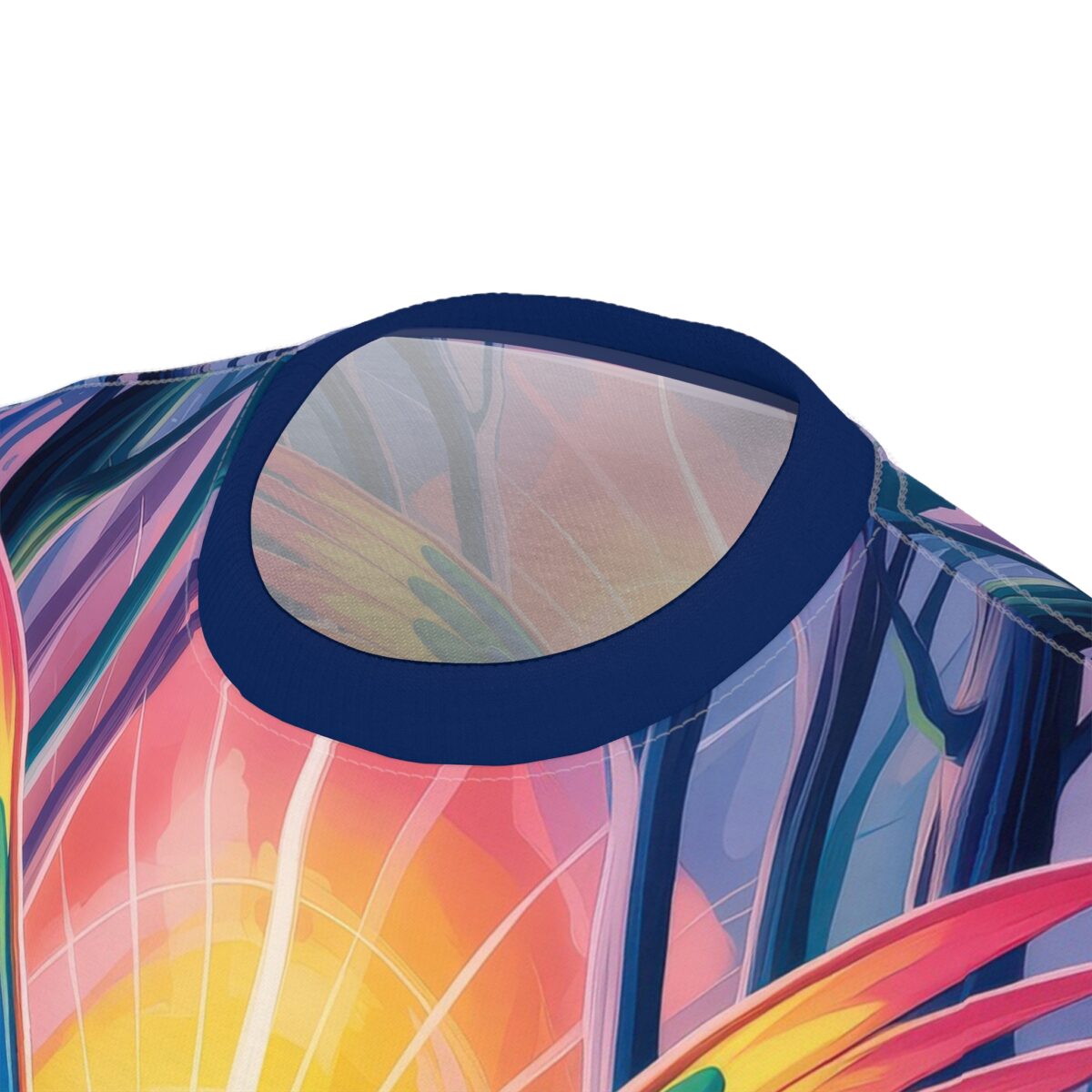 Swirls of pink, yellow, and blue form a vibrant, abstract garden with flowing lines and leaf-like shapes on this tee.