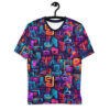 Vibrant blues, purples, pinks, and oranges form an intricate geometric maze with abstract shapes and stylized figures on this full print shirt.