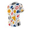 White all over print t-shirt, retro repeat print, geometric shapes, red circles, yellow triangles, blue speckled ovals, black dashes, scattered dots.