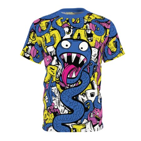 Colorful all over print t-shirt with abstract graffiti monsters and a large blue creature with a long pink tongue.