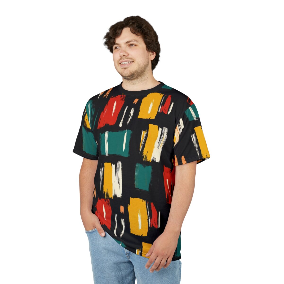 Bold red, yellow, teal, and cream brushstrokes cover this all over print t-shirt, creating a dynamic abstract pattern on a black background.