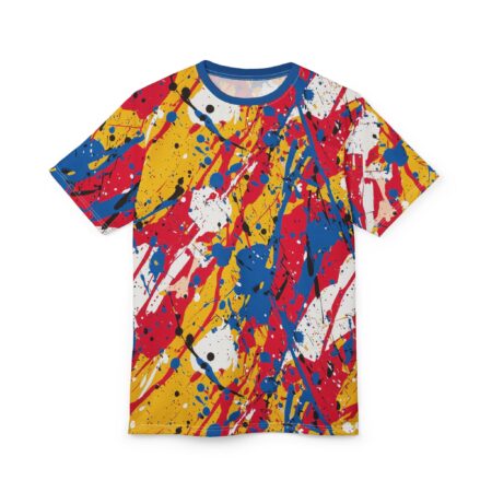 Yellow, red, blue, and white paint splatters with black accents cover this 3D graphic t-shirt, creating a chaotic and artistic design.