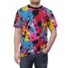 Bold splashes of red, yellow, blue, purple, pink, and black cover this all over print apparel, with dynamic streaks and splatters creating an energetic abstract design.