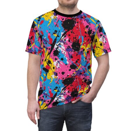Bold splashes of red, yellow, blue, purple, pink, and black cover this all over print apparel, with dynamic streaks and splatters creating an energetic abstract design.