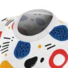 White all over print t-shirt, abstract colorful shapes, blue speckled blobs, red rings, yellow dots, black dashes, seamless sublimation design.