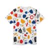 White crewneck t-shirt covered in a playful, abstract pattern of red, blue, and yellow shapes with black lines and dots.