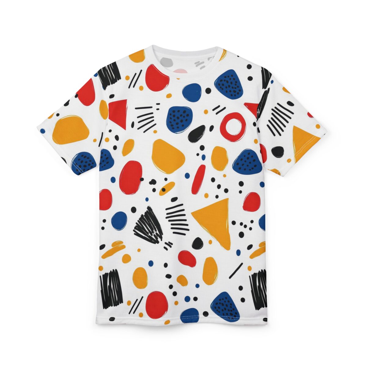 White crewneck t-shirt covered in a playful, abstract pattern of red, blue, and yellow shapes with black lines and dots.