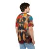 Bold abstract brushstrokes in red, yellow, blue, and brown cover this sublimation graphic tee, featuring a detailed portrait of a cute puppy.
