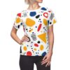 White all over print sublimation tee, abstract shapes, red, yellow, blue, black, seamless pattern, round neck, short sleeve.