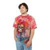 Vibrant reds, pinks, and blues swirl around a detailed skull on this 3D graphic t-shirt, set against a psychedelic cloud-like background.