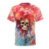 Fiery reds, pinks, and oranges swirl with cool blues and purples, forming a psychedelic vortex around a realistic skull.