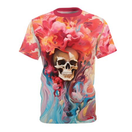 Fiery reds, pinks, and oranges swirl with cool blues and purples, forming a psychedelic vortex around a realistic skull.