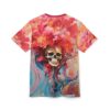 Red and blue abstract floral patterns surround a detailed skull graphic on this short-sleeved t-shirt.