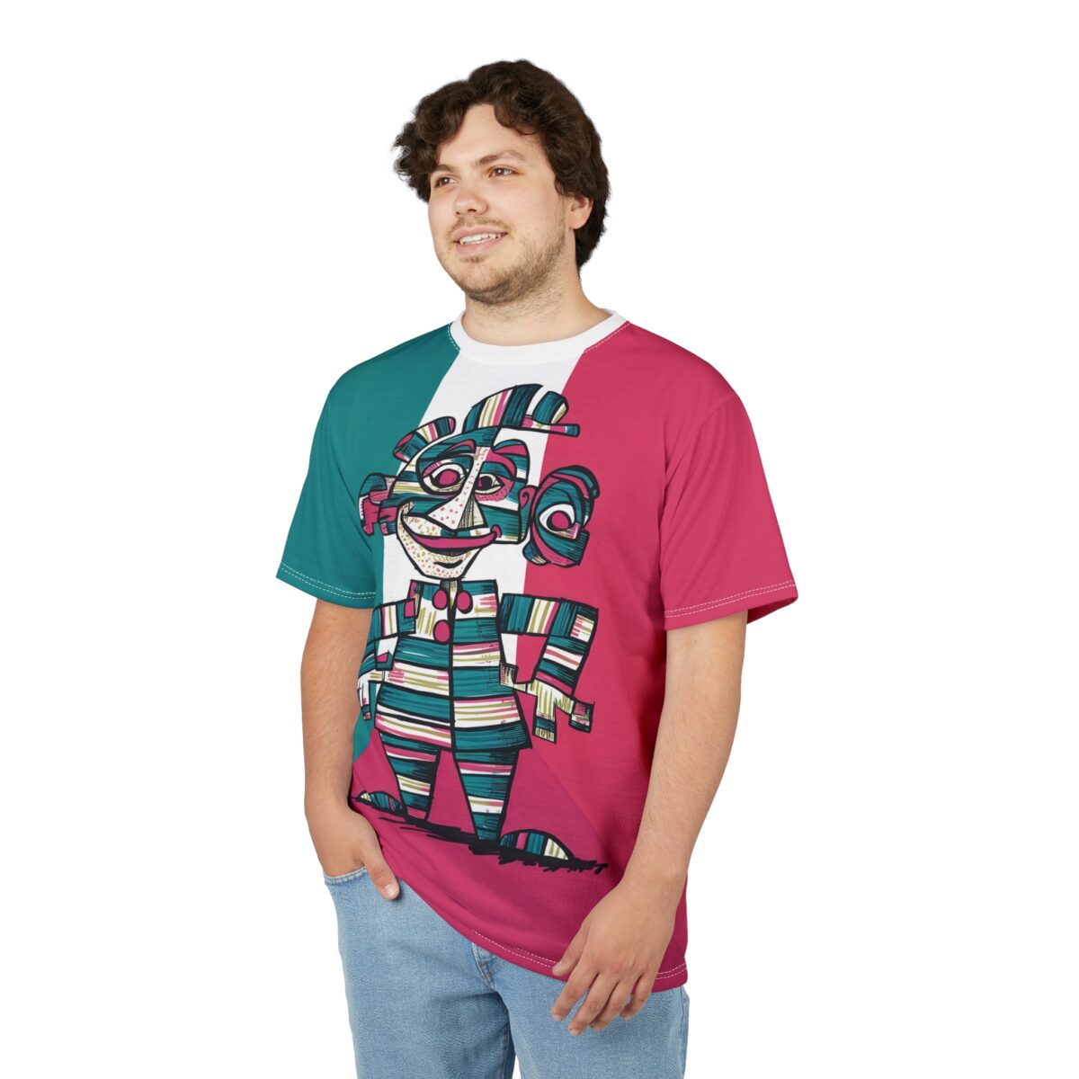 Teal, white, magenta tri-color all over print sublimation t-shirt, abstract striped character graphic, retro repeat pattern, seamless print design.