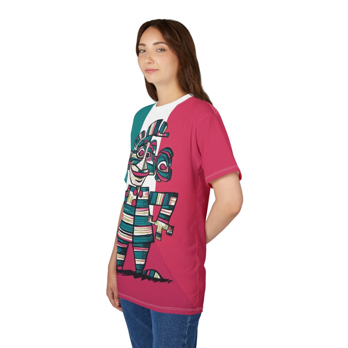 Seamless print sublimation tee featuring a retro repeat print character, teal and magenta panels, multicolor stripes.