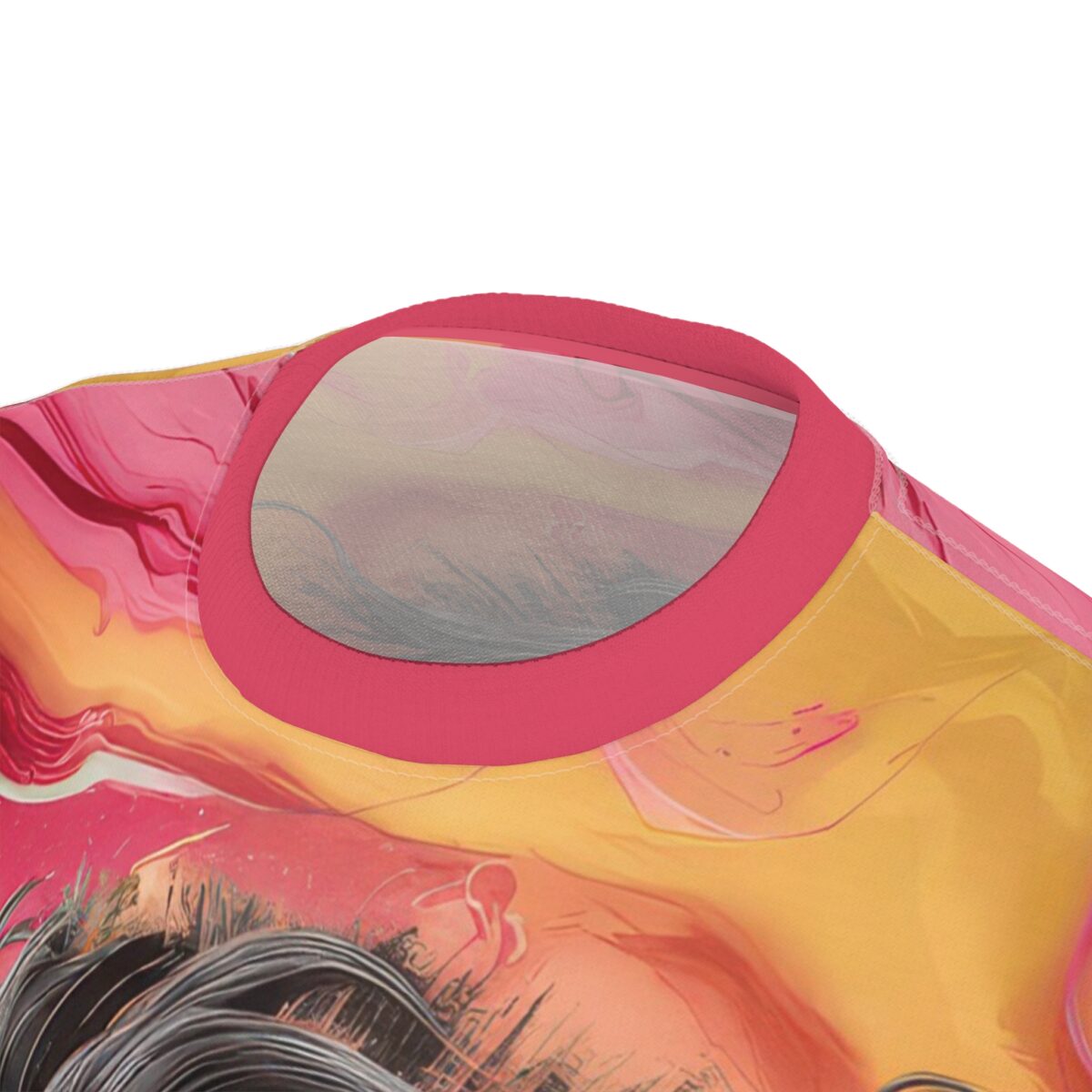 Swirls of vibrant pink, orange, and yellow cover this full print shirt, with abstract brushstrokes and a partial portrait of a woman.