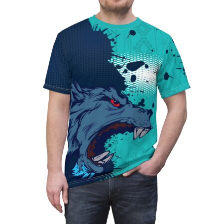 Aggressive blue wolf head with red eyes and sharp teeth, all over print sublimation tee with abstract teal and navy splatter graphic.