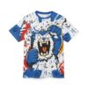This all over print sublimation tee features a fierce cartoon cat with blue fur and sharp teeth in a dynamic, abstract design.