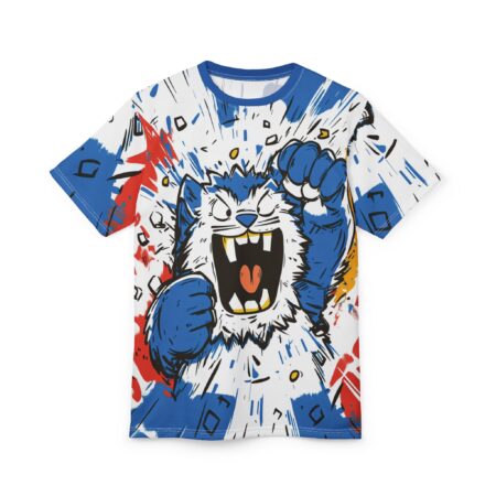 This all over print sublimation tee features a fierce cartoon cat with blue fur and sharp teeth in a dynamic, abstract design.