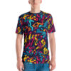Bold teal, magenta, yellow, orange geometric shapes, graffiti-style lettering cover this sublimation graphic tee.