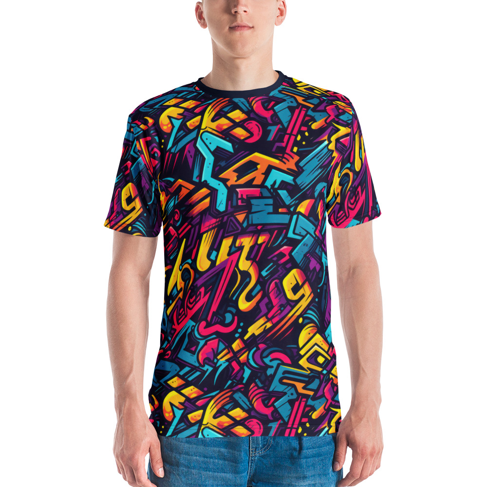 Bold teal, magenta, yellow, orange geometric shapes, graffiti-style lettering cover this sublimation graphic tee.