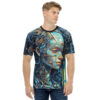Cyber grunge all over print sublimation tee, robotic face graphic, intricate mechanical details, blue and gold color palette, seamless wrap around design.