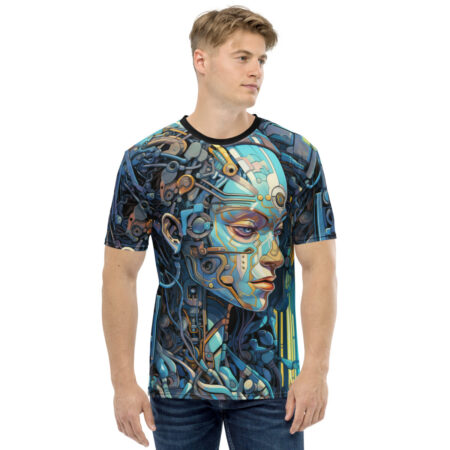 Cyber grunge all over print sublimation tee, robotic face graphic, intricate mechanical details, blue and gold color palette, seamless wrap around design.