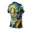 Alien portrait sublimation tee, featuring a vibrant green alien with blue eyes against a psychedelic sunset and cosmic background graphic.
